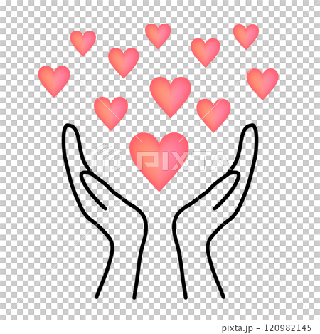 両手で囲むたくさんのハート_赤グラデーション 120982145