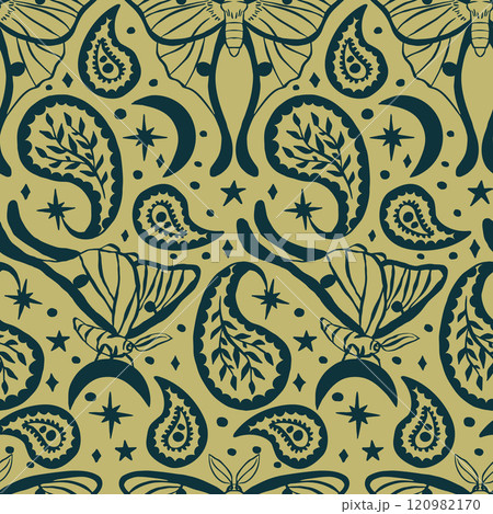 Cream and teal seamless pattern with celestial luna moth and paisley motif 120982170
