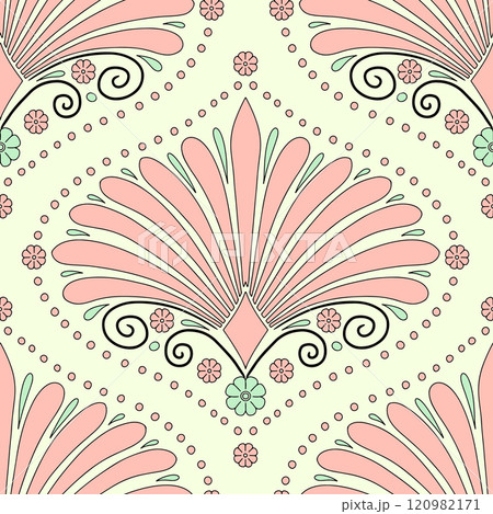 Seamless pattern with pink floral ogee and anthemion geometrical motifs on a cream background 120982171