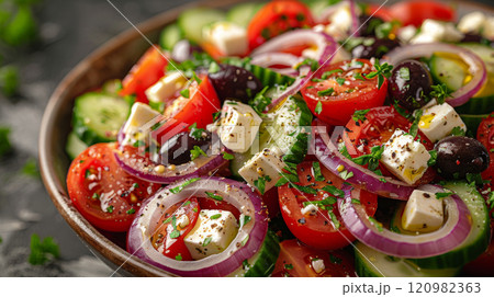 A vibrant Greek salad with crisp cucumbers, juicy tomatoes, thinly sliced red onion, Kalamata olives, and chunks of creamy feta cheese, sprinkled with dried oregano and drizzled with olive oil and red 120982363
