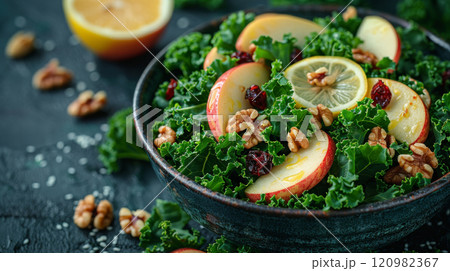 a vibrant kale and apple salad. The salad features fresh kale leaves, crisp apple slices, crunchy walnuts, and sweet dried cranberries, all tossed with a tangy dressing of lemon juice and olive oil 120982367