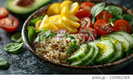 A vibrant quinoa and avocado salad with fluffy quinoa, ripe avocado slices, fresh spinach, cherry tomatoes, cucumber slices, and thinly sliced red onion, drizzled with lemon juice and olive oil 120982369