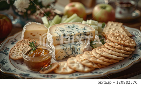 A vintage English tea tray with British cheeses Stilton, Cheshire, and Red Leicester complemented by apple slices, chutney, celery sticks, and oatcakes 120982370