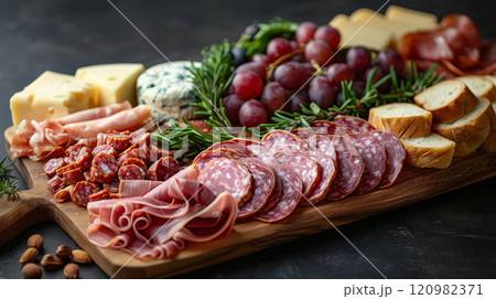 A wooden serving platter with mixed charcuterie meats (salami, prosciutto), Gouda and Cheddar cheeses, clusters of grapes, mixed nuts, and slices of crusty bread 120982371