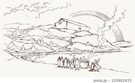 Vector drawing. Noah Offers a Sacrifice to God 120982455