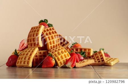 Belgian waffles with strawberries on a beige background. 120982796