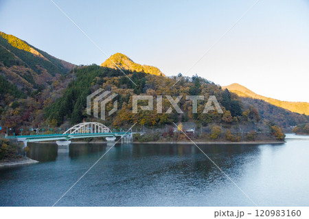 紅葉の山々に囲まれた橋 奥多摩湖 120983160