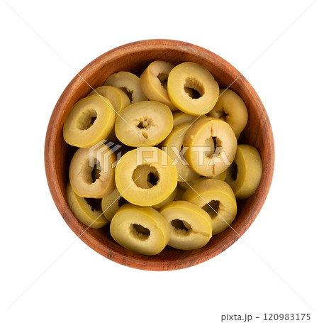 green olive slices isolated green olive slices isolated 120983175