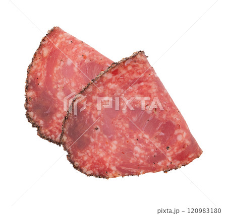 slices of spanish sausage isolated on white slices of spanish sausage isolated on white 120983180