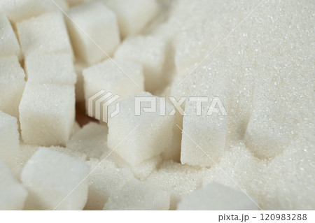 White refined beet sugar in the form of crystals and cubes. 120983288