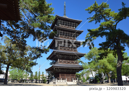 青空を背景に木に囲まれた木造塔の五重塔 120983320