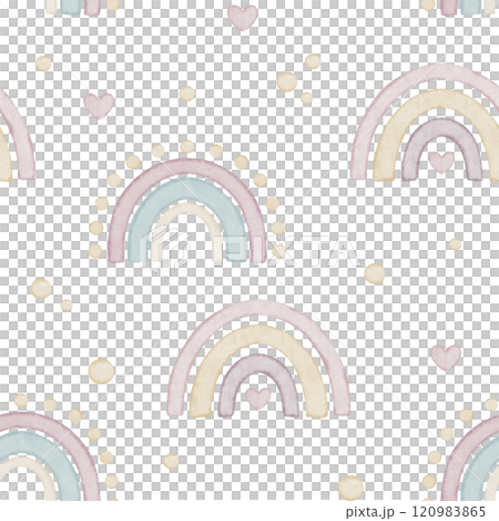 Seamless watercolor pattern with pastel Rainbows, hearts and dots. Illustration of background for nursery decor, kids designs, wrapping paper, or baby wallpaper. Childish backdrop for bed linen. Seamless watercolor pattern with pastel Rainbows, hearts and dots. Illustration of background for nursery decor, kids designs, wrapping paper, or baby wallpaper. Childish backdrop for bed linen. 120983865