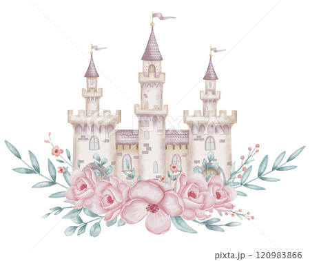 Watercolor illustration of a fairytale Castle with pink Flowers and greenery. Drawing for children decor, nursery posters, birthday cards, or princess invitations. Whimsical and magical fortress. Watercolor illustration of a fairytale Castle with pink Flowers and greenery. Drawing for children decor, nursery posters, birthday cards, or princess invitations. Whimsical and magical fortress. 120983866