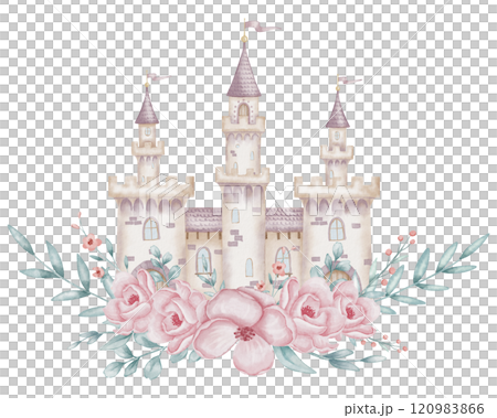Watercolor illustration of a fairytale Castle with pink Flowers and greenery. Drawing for children decor, nursery posters, birthday cards, or princess invitations. Whimsical and magical fortress. Watercolor illustration of a fairytale Castle with pink Flowers and greenery. Drawing for children decor, nursery posters, birthday cards, or princess invitations. Whimsical and magical fortress. 120983866