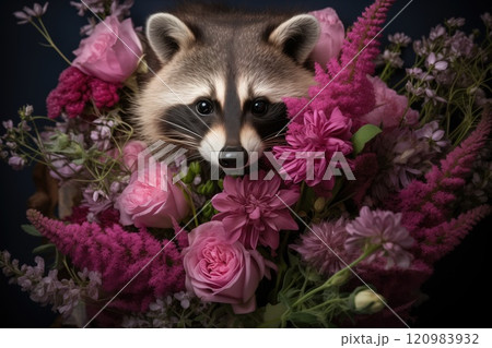 Cute pretty raccoon with flowers for birthday...のイラスト素材 [120983932] - PIXTA