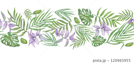 Flying tropical leaf branches watercolor horizontal seamless banner. Purple striped tradescantia, green palm, and monstera leaves pattern. Summertime illustration for textile, kitchen canvas 120983955