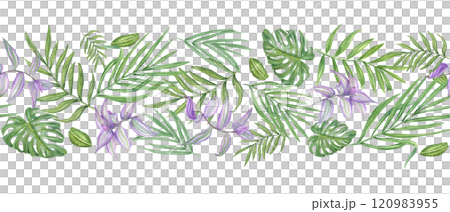 Flying tropical leaf branches watercolor horizontal seamless banner. Purple striped tradescantia, green palm, and monstera leaves pattern. Summertime illustration for textile, kitchen canvas 120983955