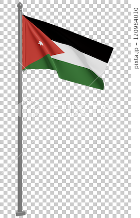 3D illustration of the fluttering flag of the Hashemite Kingdom of Jordan (front view) 3D illustration of the fluttering flag of the Hashemite Kingdom of Jordan (front view) 120984010