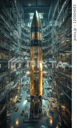 Massive rocket assembly in industrial facility with engineers and technicians at work Massive rocket assembly in industrial facility with engineers and technicians at work 120984083