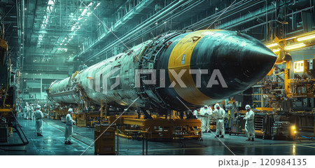 Impressive engineering in modern industrial assembly hall featuring large rocket construction 120984135