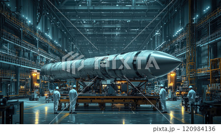 Futuristic assembly hall with engineers and a rocket, industrial design for engineering and aerospace innovation 120984136