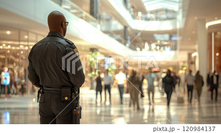 African adult man security guard observing busy shopping mall interior with blurred crowd 120984137