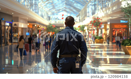 African american male security guard observing shoppers in a busy mall interior 120984138