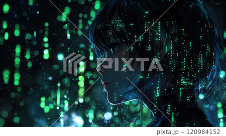 Futuristic cyberpunk portrait with digital matrix patterns in dark abstract background Futuristic cyberpunk portrait with digital matrix patterns in dark abstract background 120984152