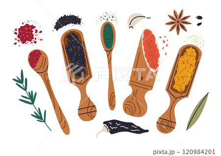 Colorful vector illustration of spices and herbs, doodle set with wooden spoons and scoops, turmeric ground, chili, garlic, and anise. Flat cartoon design, ideal for cooking, food, and kitchen themes Colorful vector illustration of spices and herbs, doodle set with wooden spoons and scoops, turmeric ground, chili, garlic, and anise. Flat cartoon design, ideal for cooking, food, and kitchen themes 120984201