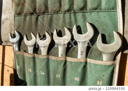 A fabric organizer displays essential tools for car repair in an auto repair shop A fabric organizer displays essential tools for car repair in an auto repair shop 120984330