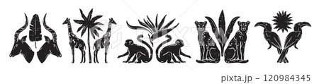 African animal linocut print, vector hand drawn tropical nature logo, giraffe silhouette, monkey.  120984345