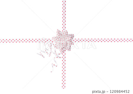 Tied, fluffy decor bow with white ribbon adorned with red dots for gift box wrapping. Wrapping paper ribbon with bow isolated on white background. Elegant paper ribbon with bow, for gift packaging. 120984452