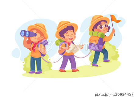 Boy and Girl Scout Character in Hat Walking Vector Illustration 120984457