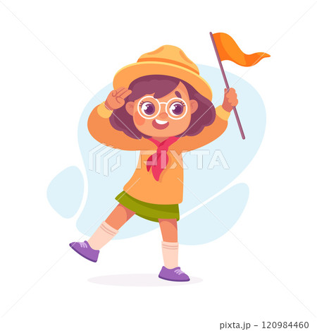 Girl Scout Character in Hat Stand with Flag Pole Vector Illustration Girl Scout Character in Hat Stand with Flag Pole Vector Illustration 120984460