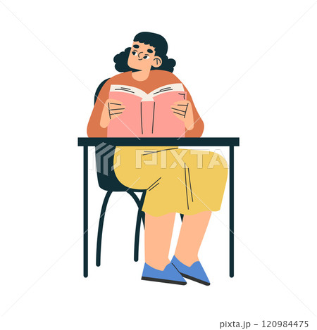 Girl Schoolkid Character in School Sit at Desk Have Lesson Vector Illustration 120984475