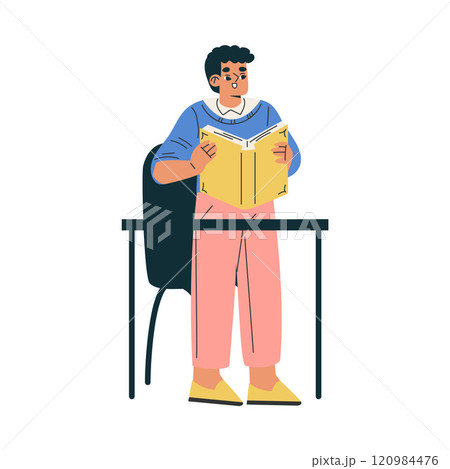 Boy Schoolkid Character in School Sit at Desk Have Lesson Vector Illustration 120984476