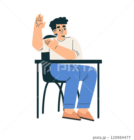 Boy Schoolkid Character in School Sit at Desk Have Lesson Vector Illustration 120984477