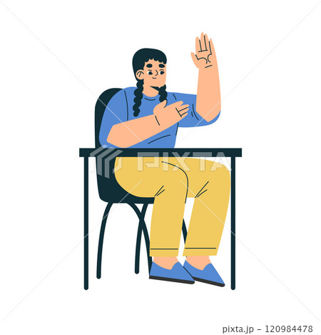 Girl Schoolkid Character in School Sit at Desk Have Lesson Vector Illustration Girl Schoolkid Character in School Sit at Desk Have Lesson Vector Illustration 120984478