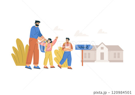 Boy and Girl Schoolkids Character Going to School with Dad Vector Illustration 120984501