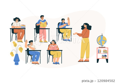 Boy and Girl Schoolkids Character in School Sit at Desk with Teacher in Class Vector Illustration 120984502