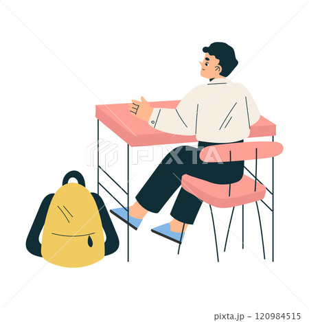 Boy Schoolkid Character in School Sit at Desk Have Lesson Vector Illustration 120984515