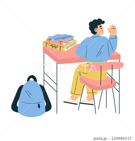 Boy Schoolkid Character in School Sit at Desk Have Lesson Vector Illustration Boy Schoolkid Character in School Sit at Desk Have Lesson Vector Illustration 120984517