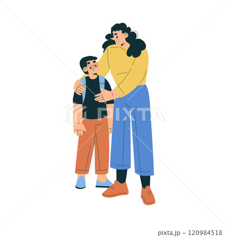 Boy Schoolkid Character Going to School Embrace with Mom Vector Illustration Boy Schoolkid Character Going to School Embrace with Mom Vector Illustration 120984518