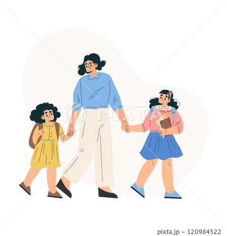 Girl Schoolkids Character Walk to School with Mom Holding Hands Vector Illustration 120984522