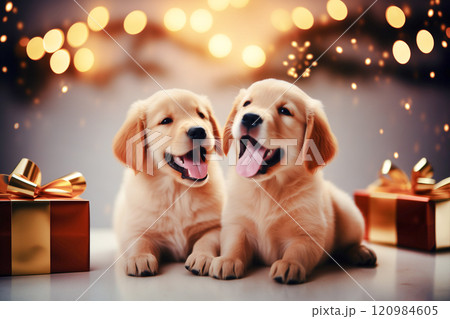 Cute dogs near Christmas gift boxes Cute dogs near Christmas gift boxes 120984605
