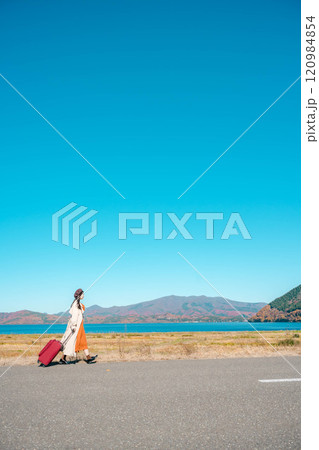 女子旅　キャリーバックを持って青空のもと歩いている若い女性 120984854