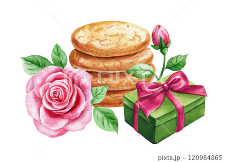Composition with cookies pink rose and leaves, gift, bow. Cozy watercolor holiday illustration for festive card, designs Composition with cookies pink rose and leaves, gift, bow. Cozy watercolor holiday illustration for festive card, designs 120984865