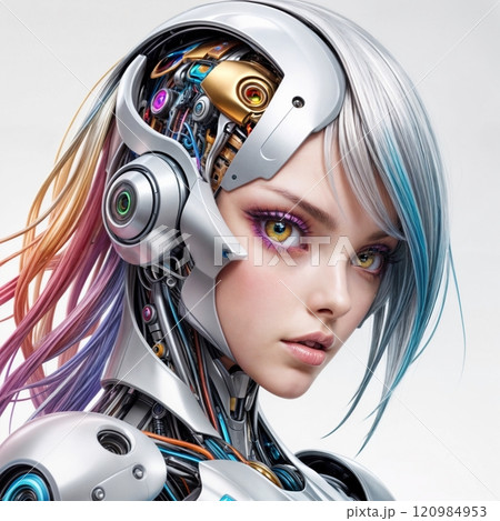 detailed portrait of a futuristic android woman against a white backdrop detailed portrait of a futuristic android woman against a white backdrop 120984953