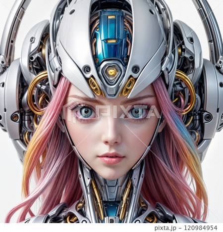 futuristic close-up portrait of female android on white background 120984954