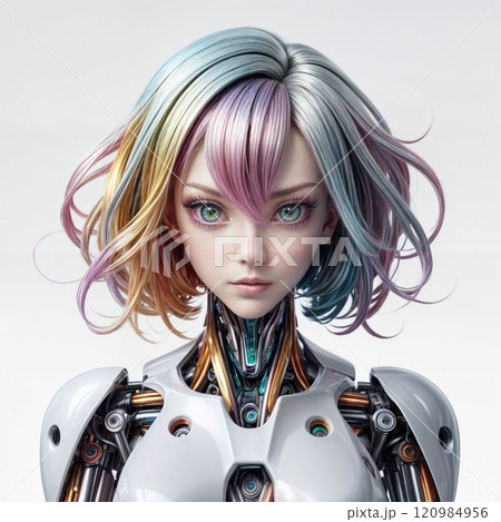 futuristic female robot in close-up against a clean white surface futuristic female robot in close-up against a clean white surface 120984956